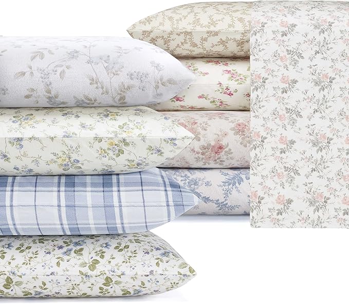 Laura Ashley - Flannel Sheets Full Size, Anti-Pilling & Wrinkle Resistant Cotton, Touchably Soft for All-Season Comfort - Bed Sheets with Matching Pillowcases & Fitted Sheet (Fawna Grey)