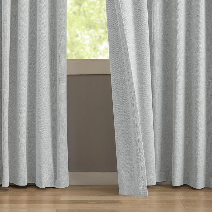 KangBang Grey Black Out Linen Curtains 96 Inches Long, Pinch Pleated Blackout Drapes for Living Room Office with Hooks Track System, Aesthetic Boho Vertical Home Decor(2 Panels,42Wx96L, Light Grey)
