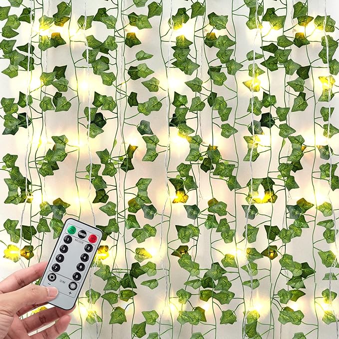 JACKYLED 84Ft 12 Pack Artificial Ivy Garland Fake Plants, Ivy Vines Leaves with CE Certified 80 LED String Lights, Hanging Ivy Lights for Bedroom Garden Party Wall Room Decor