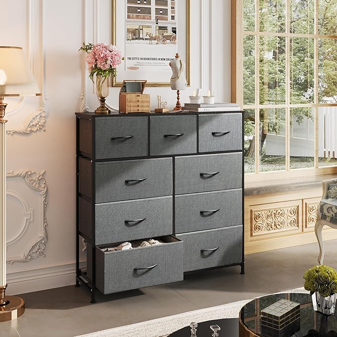 WLIVE 9-Drawer Dresser, Fabric Storage Tower for Bedroom, Hallway, Entryway, Closet, Tall Chest Organizer Unit with Fabric Bins, Steel Frame, Wood Top, Easy Pull Handle, Dark Grey