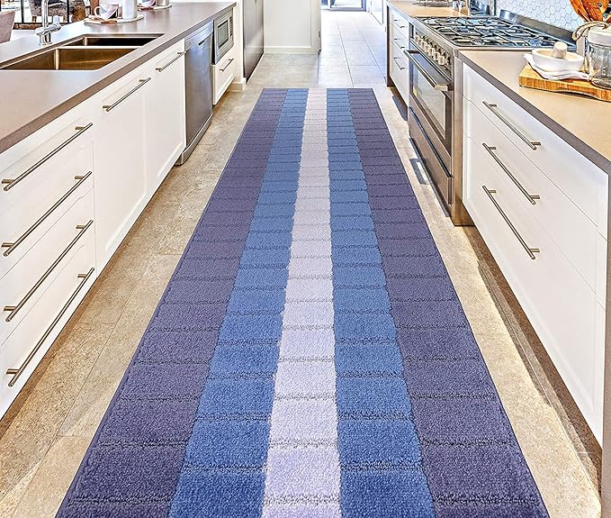 Custom Size Coastal Nautical Style Runner Rug Carpet for Hallway Entryway, Slip Resistant Latex Rubber Backed, 31 inch Wide X Customized Length, Squares Blue, 31 inch X 14 feet