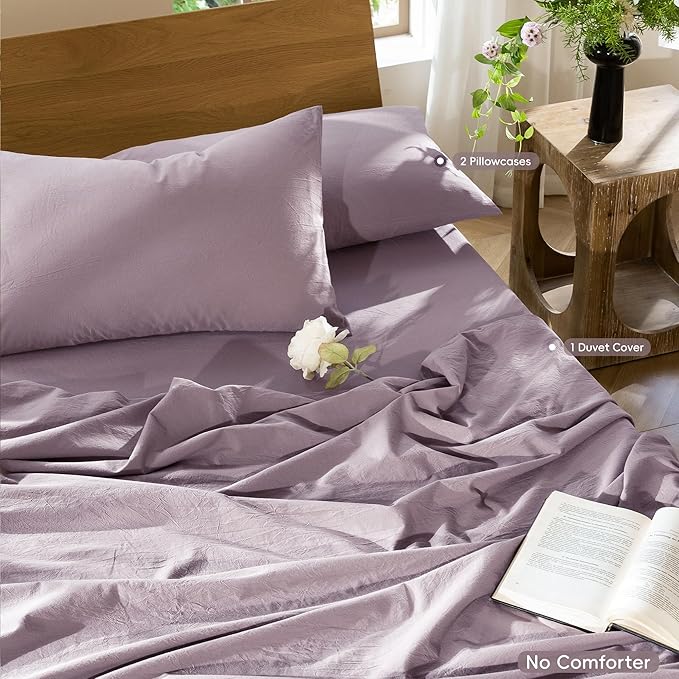 MooMee Bedding Duvet Cover Set 100% Washed Cotton Linen Like Textured Breathable Durable Soft Comfy (Solid Taro Purple, Queen 90"x90")