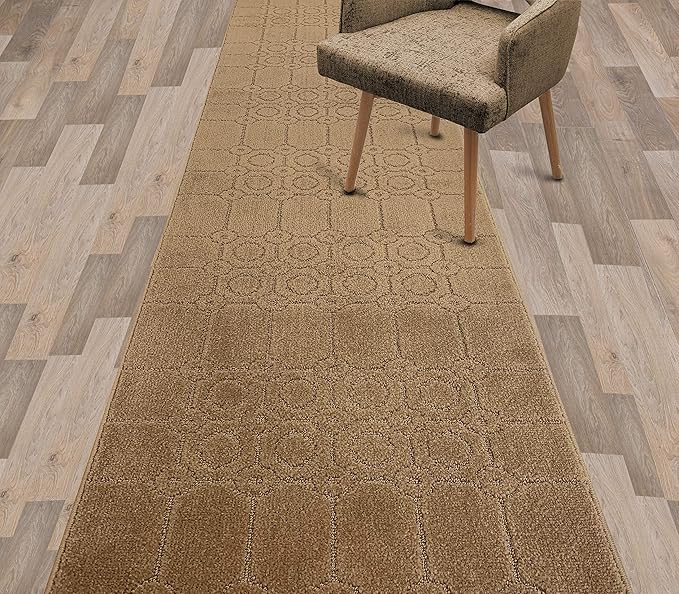 Custom Size Modern Abstract Floor Carpet Runner Rug for Hallways, Slip Resistant Latex Rubber Backed, 31 inch Wide X Customized Length, Art Gold Tan, 31 inch X 15 feet