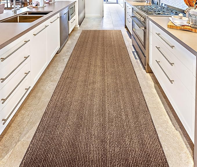 Custom Length Cut to Size Wide Width Carpet Runner Rug for Hallways, Slip Resistant Latex Rubber Backed, 31 inch Wide X Customized Length, Stripe Brown, 31 inch X 11 feet