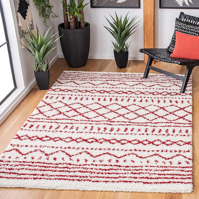 SAFAVIEH Arizona Shag Collection Accent Rug - 3'2" x 5', Ivory & Red, Moroccan Design, Non-Shedding & Easy Care, 1.6-inch Thick Ideal for High Traffic Areas in Entryway, Living Room, Bedroom (ASG741P)