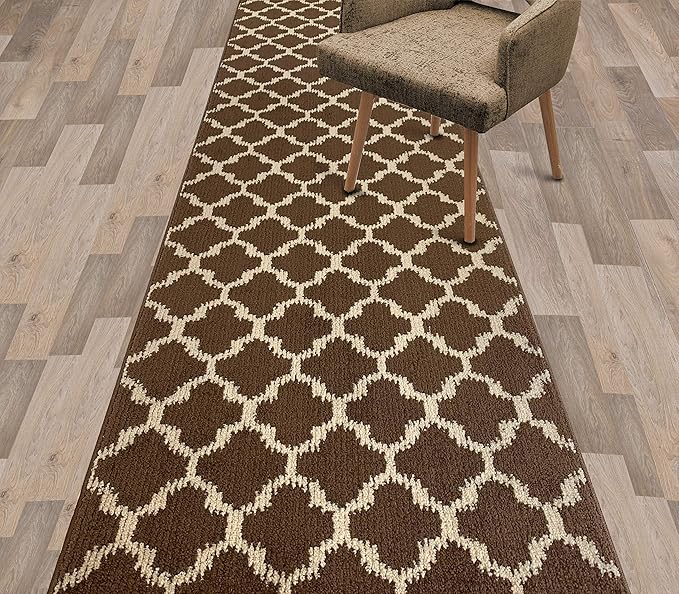 Custom Size Cut to Length Moroccan Trellis Design Runner Rug Mat For Wide Long Hallways with Non-Slip Rubber Backing, Better Traction for Pets, Prevent Slippage, Trellis Brown, 31 inch X 15 feet