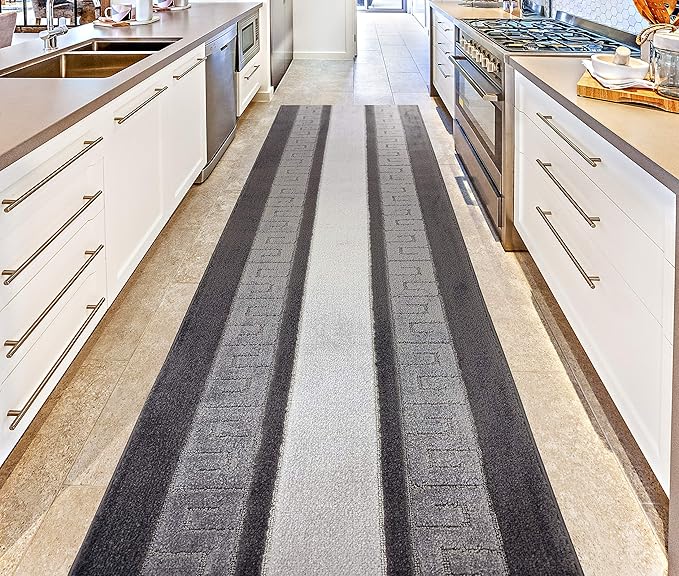 Custom Length Cut to Size Ancient Latin Hellenic Motif Carpet Runner Rug for Hallways, Non Slip Rubber Backed, 31 inch Wide X Customized Length, Greek Key Grey, 31 inch X 18 feet