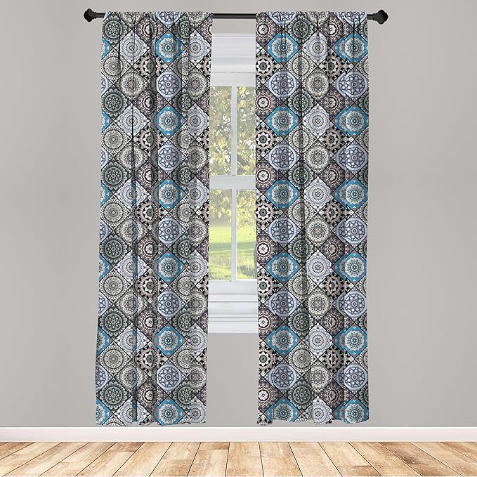Ambesonne Moroccan Curtains, Detailed Flower Designs with Checkered Pattern and Antique Cultural Inspirations, Window Treatments 2 Panel Set for Living Room Bedroom, Pair of - 28" x 63", Blue Black