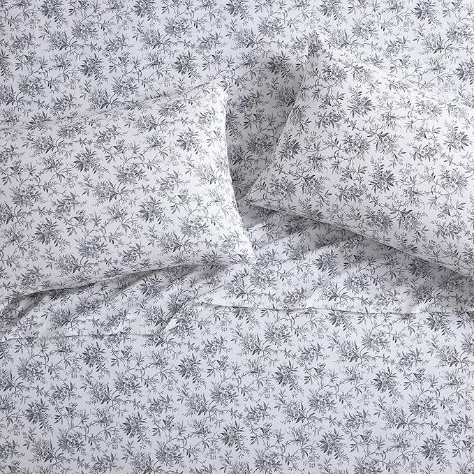 Laura Ashley - Flannel Sheets Full Size, Anti-Pilling & Wrinkle Resistant Cotton, Touchably Soft for All-Season Comfort - Bed Sheets with Matching Pillowcases & Fitted Sheet (Faye Toile Black)