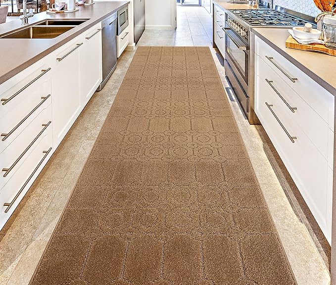 Custom Size Modern Abstract Floor Carpet Runner Rug for Hallways, Slip Resistant Latex Rubber Backed, 31 inch Wide X Customized Length, Art Gold Tan, 31 inch X 15 feet