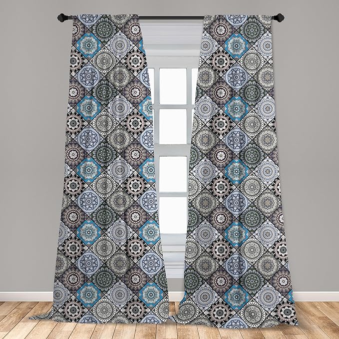 Ambesonne Moroccan Curtains, Detailed Flower Designs with Checkered Pattern and Antique Cultural Inspirations, Window Treatments 2 Panel Set for Living Room Bedroom, Pair of - 28" x 63", Blue Black