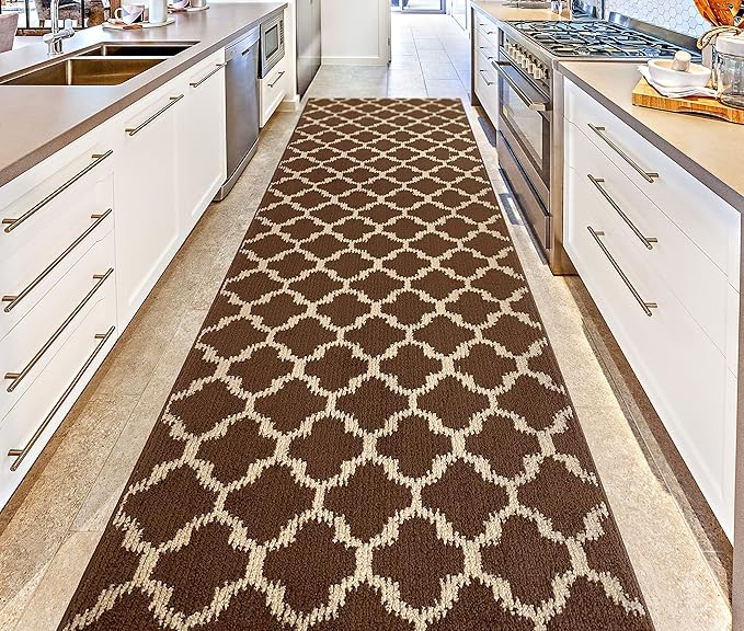 Custom Size Cut to Length Moroccan Trellis Design Runner Rug Mat For Wide Long Hallways with Non-Slip Rubber Backing, Better Traction for Pets, Prevent Slippage, Trellis Brown, 31 inch X 15 feet