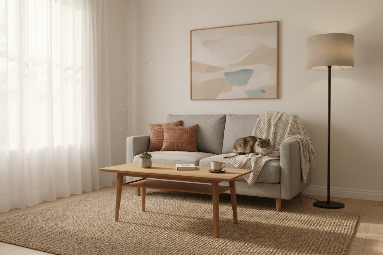 A cozy, modern small living room with minimalist indoor furniture—a compact two-seater sofa, a slim wooden coffee table, and a floor lamp, bathed in soft natural light. Style: warm, inviting, realistic interior photography.