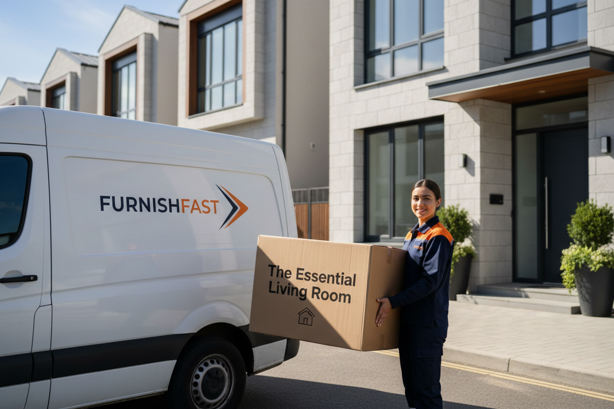 A friendly delivery person unloading a well-packed sofa from a branded van in front of a modern townhouse. The box has “The Essential Living Room” logo. Style: bright, daytime, lifestyle photo with a sense of reliability.