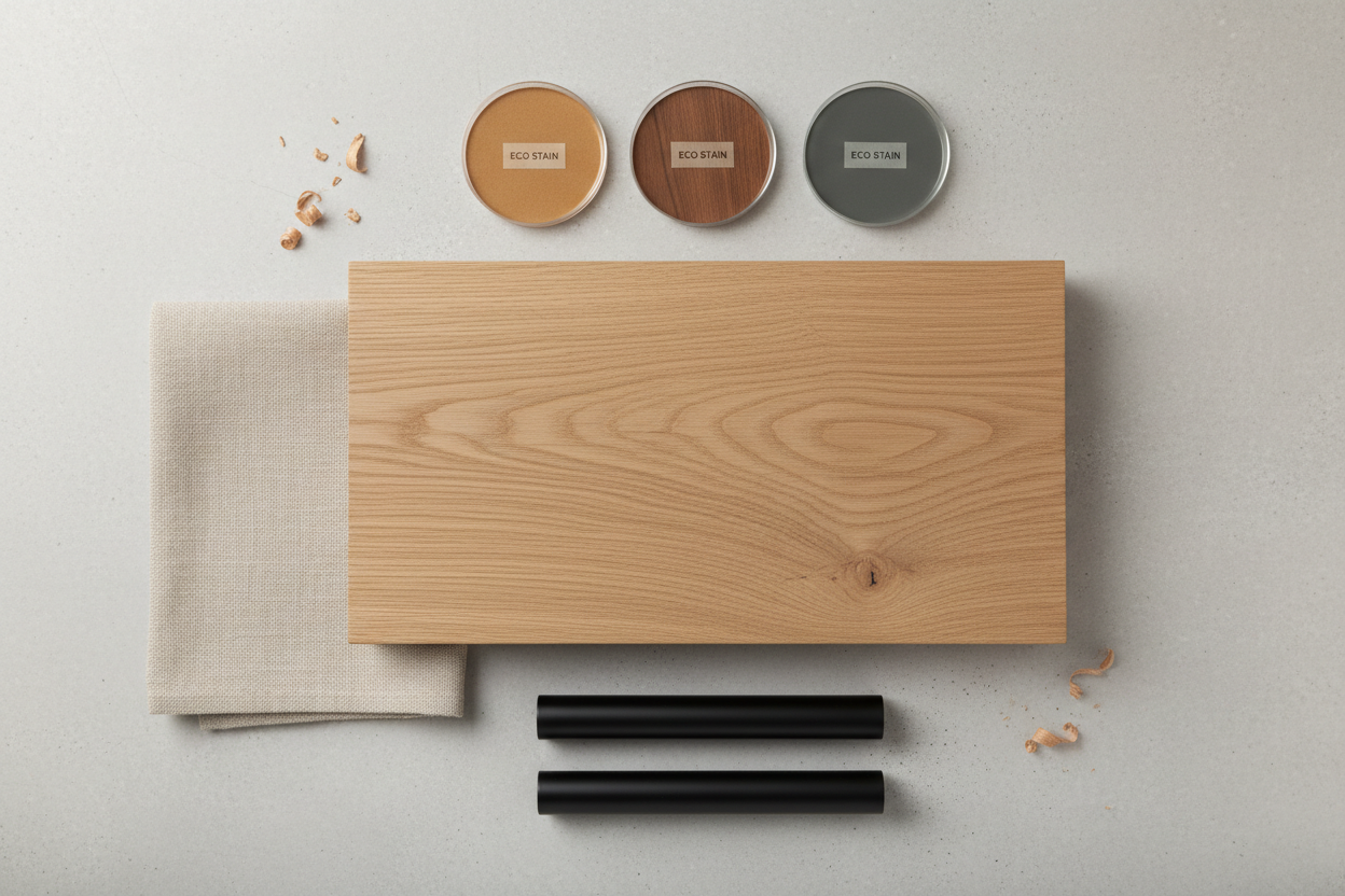 Close-up flat lay of furniture materials: smooth oak wood grain, soft beige linen fabric, matte black metal legs, and eco-friendly stain samples on a light neutral background. Style: clean, product-detail photography.